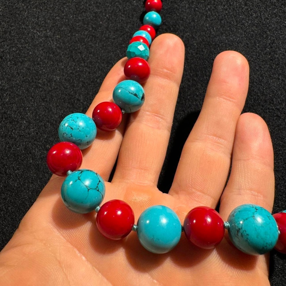 Unbranded Turquoise and Red Beaded Necklace 925 Sterling Silver Clasp OS